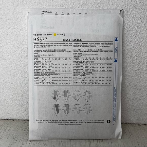 Butterick Sewing Pattern Long sleeve Asymmetrical hemline Tunic size 14-22 - Picture 4 of 6